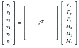 $\displaystyle \left[
\begin{array}{c}
{\rm\tau_1} \\
{\rm\tau_2} \\
{\rm\tau_...
... \\
{\rm F_z} \\
{\rm M_x} \\
{\rm M_y} \\
{\rm M_z} \\
\end{array}\right]$